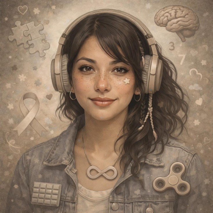 Young woman with denim jacket, colorful infinity necklace, and autism awareness symbols