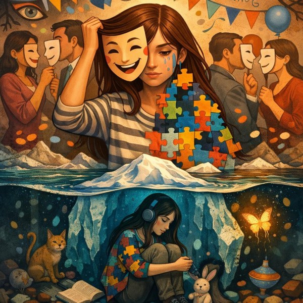 Woman holding smiling mask with puzzle pieces and tears, isolated girl with headphones underwater