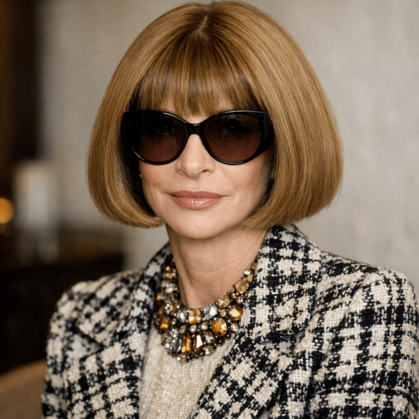 Woman with bob hairstyle wearing dark sunglasses, a black and white checkered coat, and a jeweled necklace